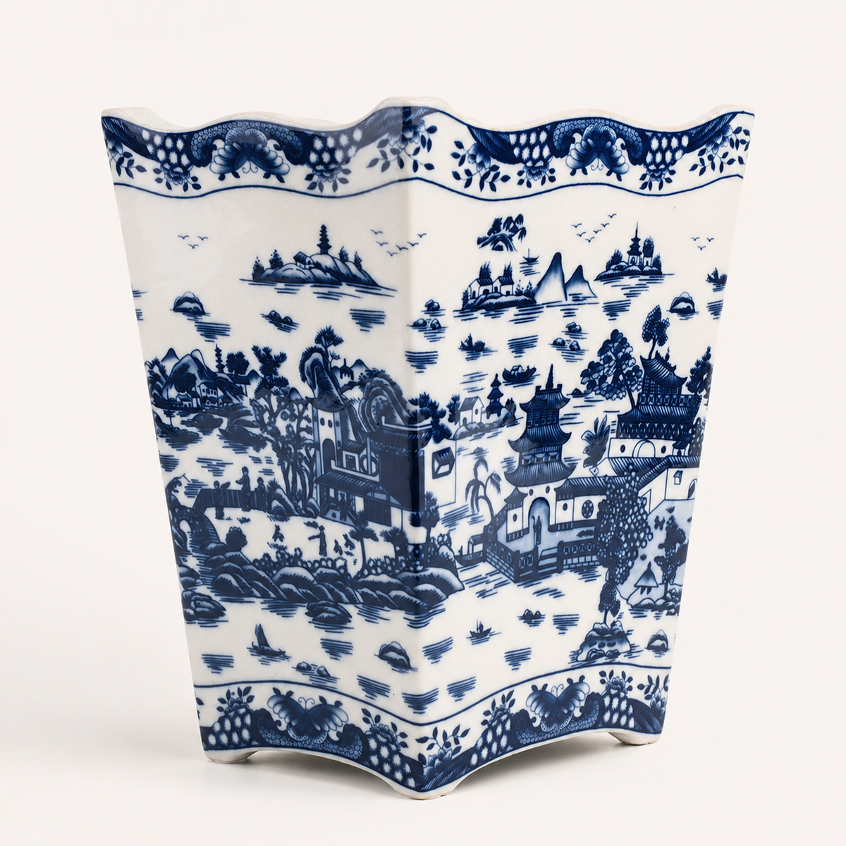 Blue Willow Porcelain Wastebasket