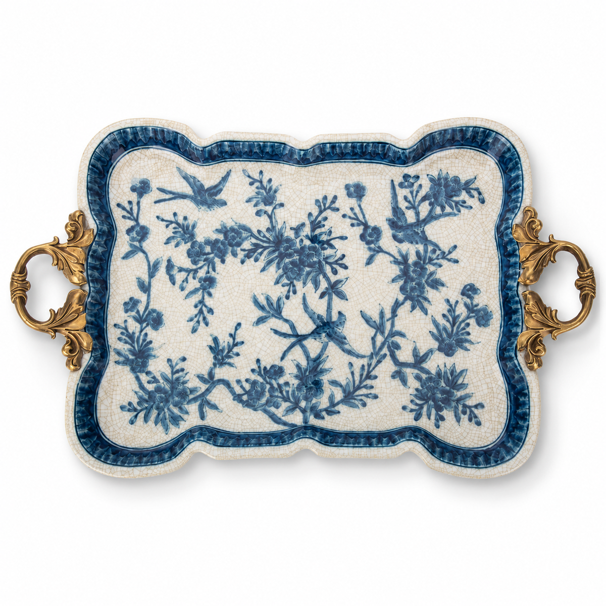 Songbird Garden Porcelain Tray with Bronze Handles
