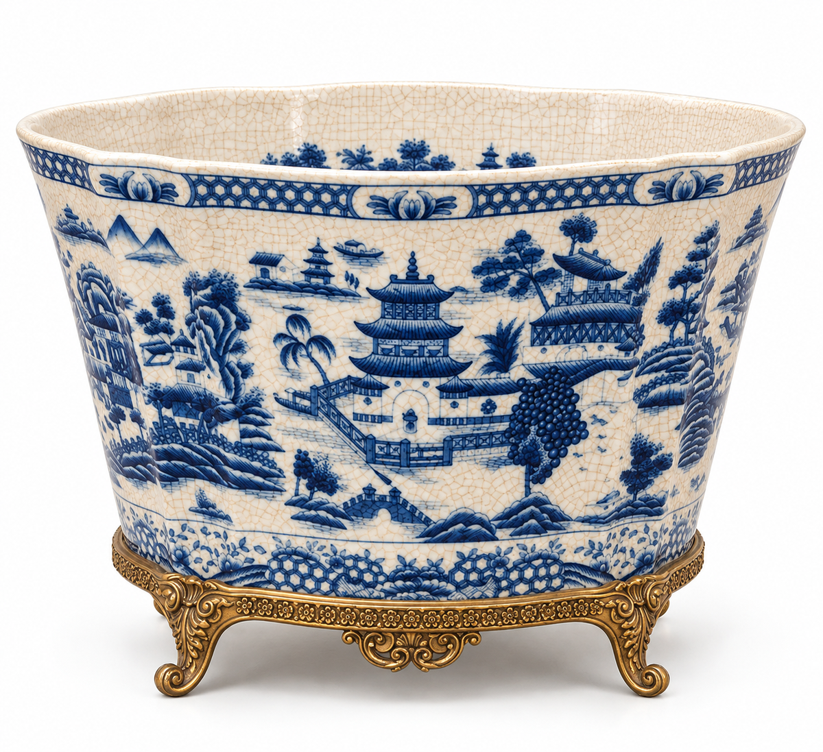 Blue Willow Porcelain Planter with Bronze Accents