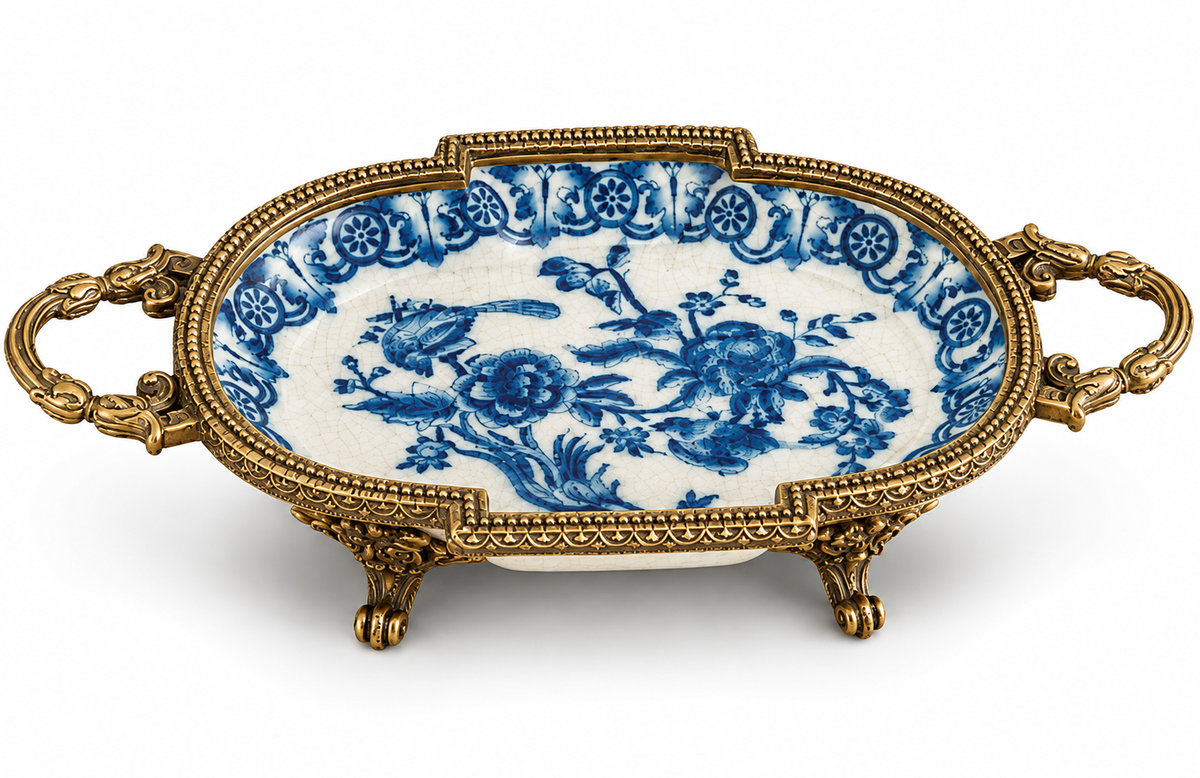 Indigo Floral Porcelain & Bronze Ormolu Dish