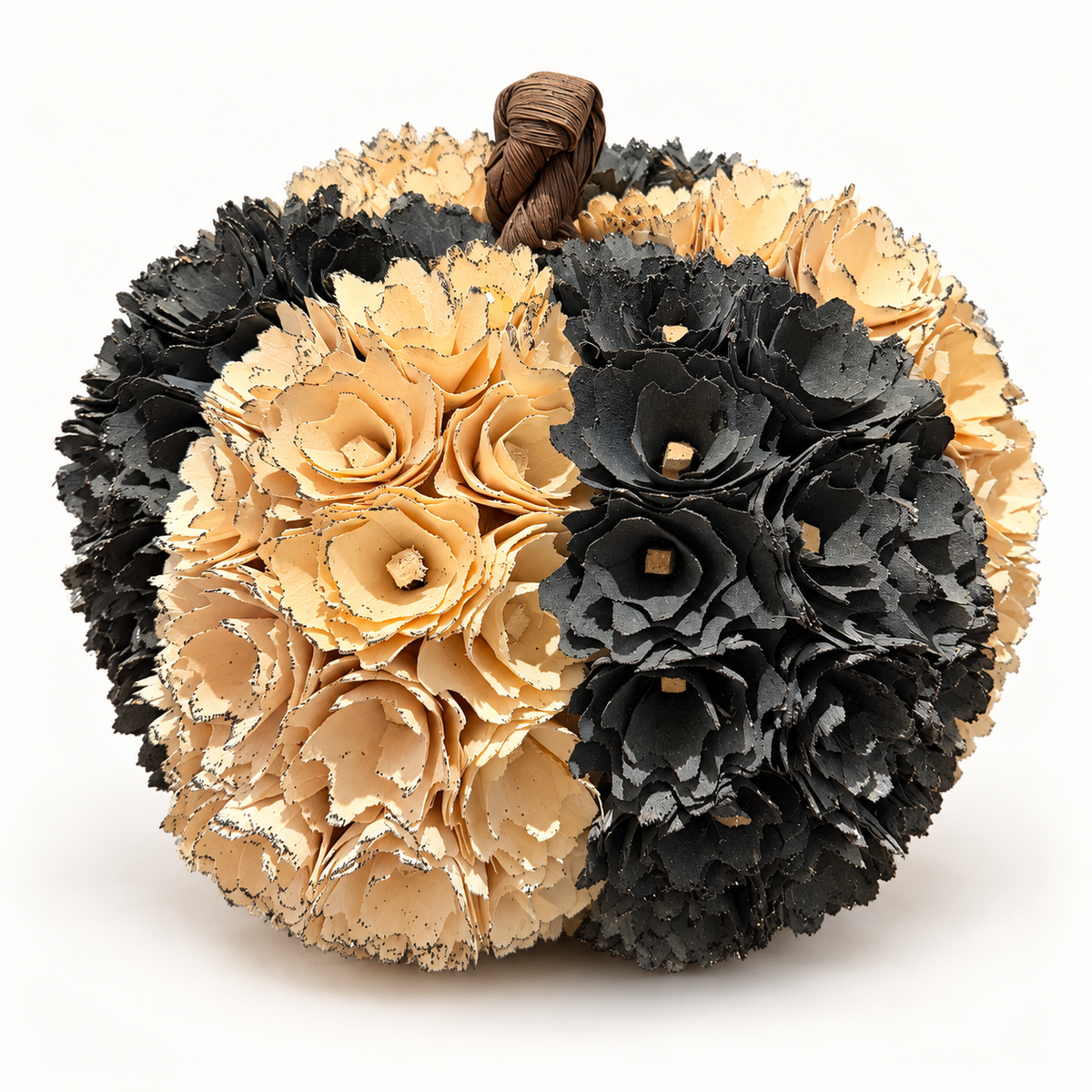 9-Inch Cream & Black Shaved Wood Pumpkin