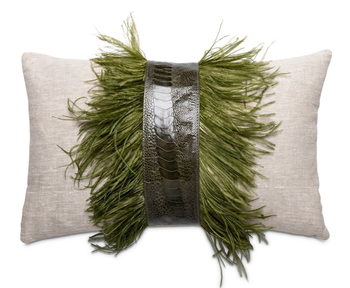 Ostrich Trim Pillow - Olive/Linen