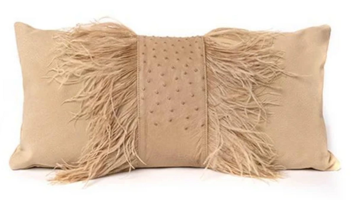 Ostrich Leather Inset Pillow with Feather Trim on Suede - Cream