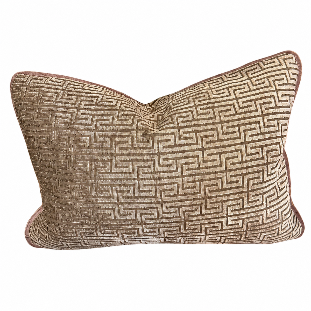 A rectangular decorative throw pillow with a textured geometric Greek key pattern in beige and brown, featuring a solid brown border, shown on a plain white background.